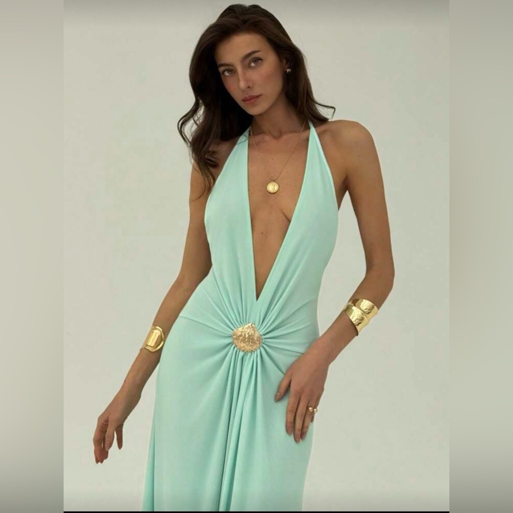 SHEIN Mint Backless Halter Dress